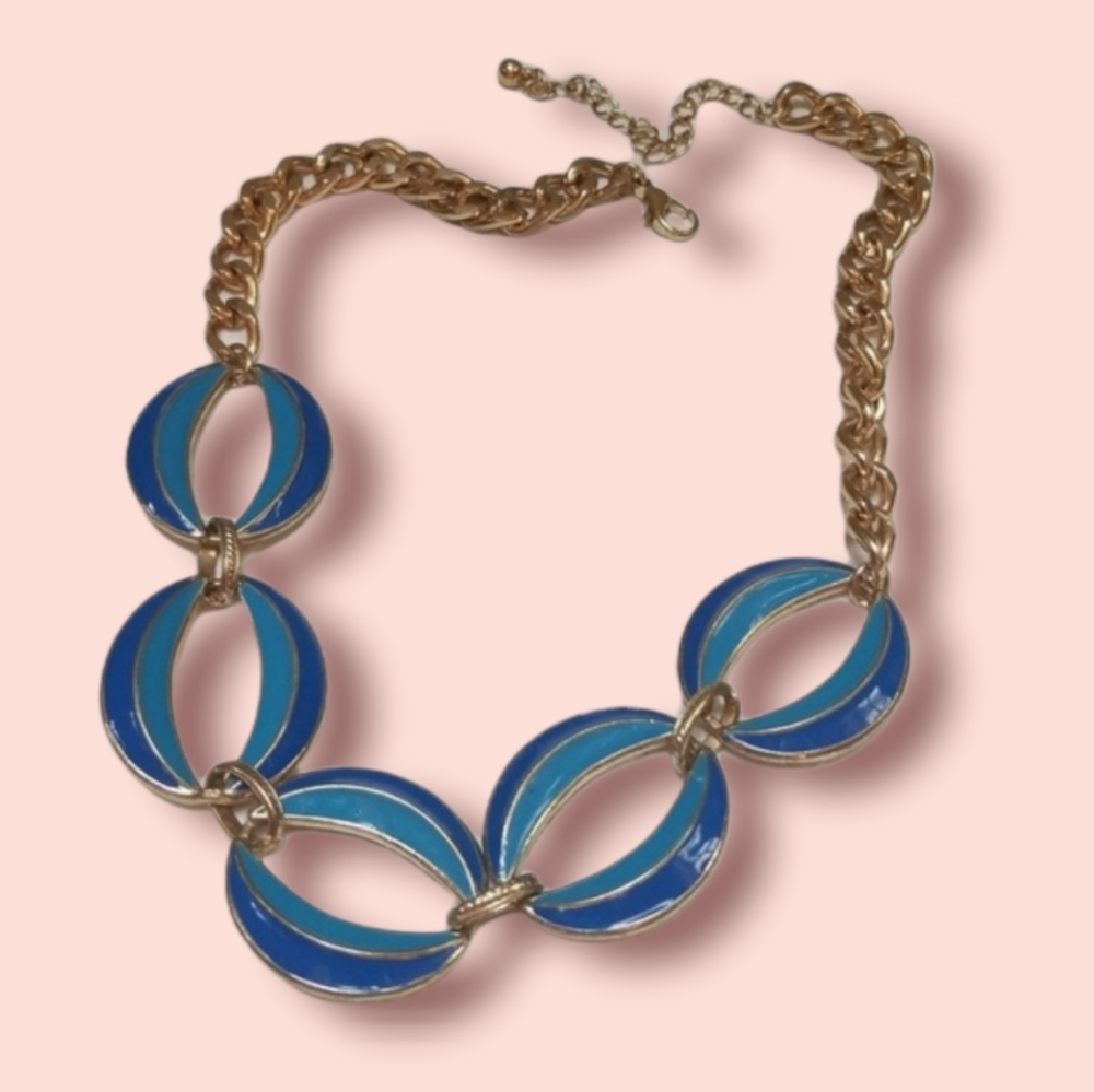 Vintage Mid Century Blue Enamel Goldtone Trim Statement Necklace - Picture 1 of 13